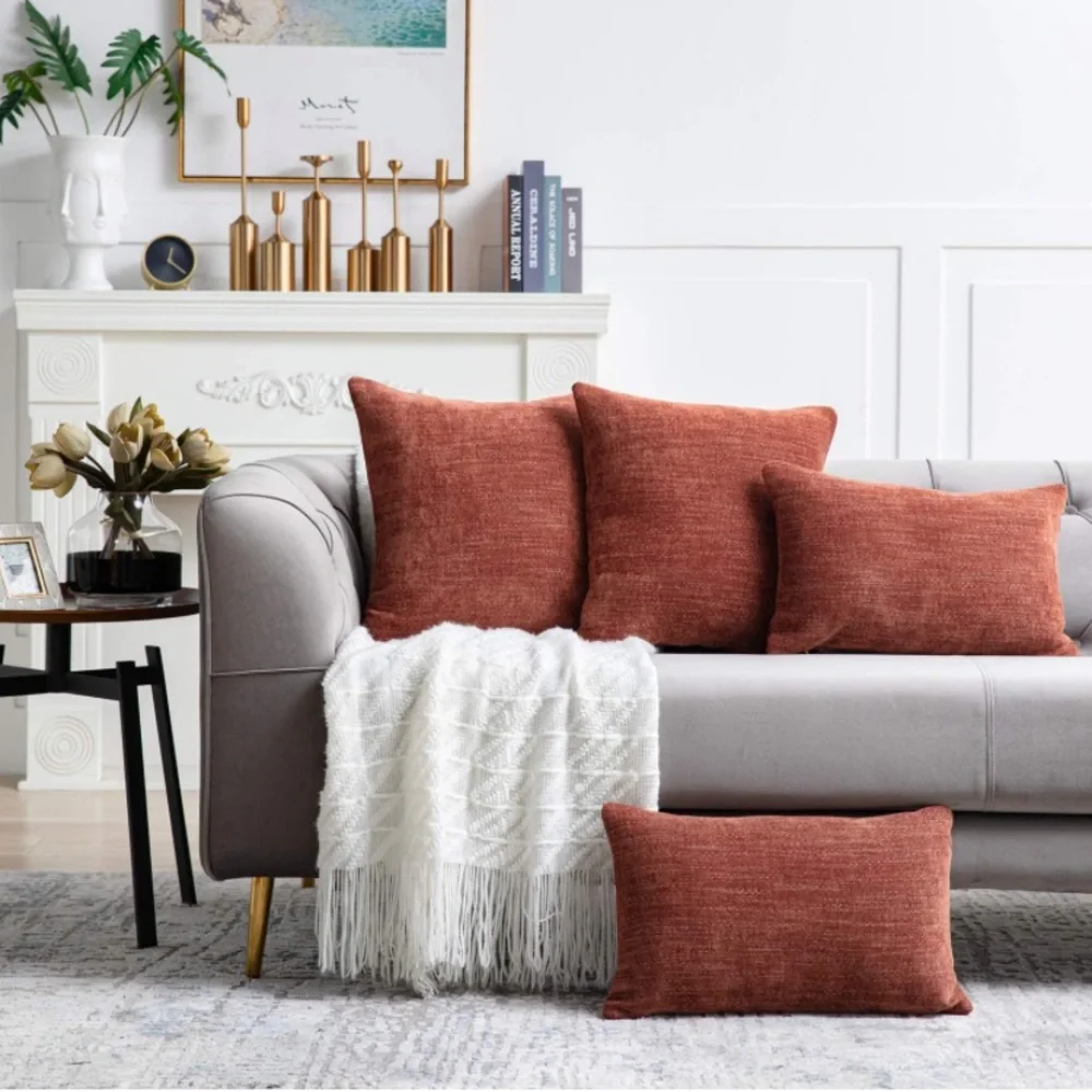 Luxury Home | Rustic Farmhouse Rust Orange Thick Chenille Throw Pillow Covers